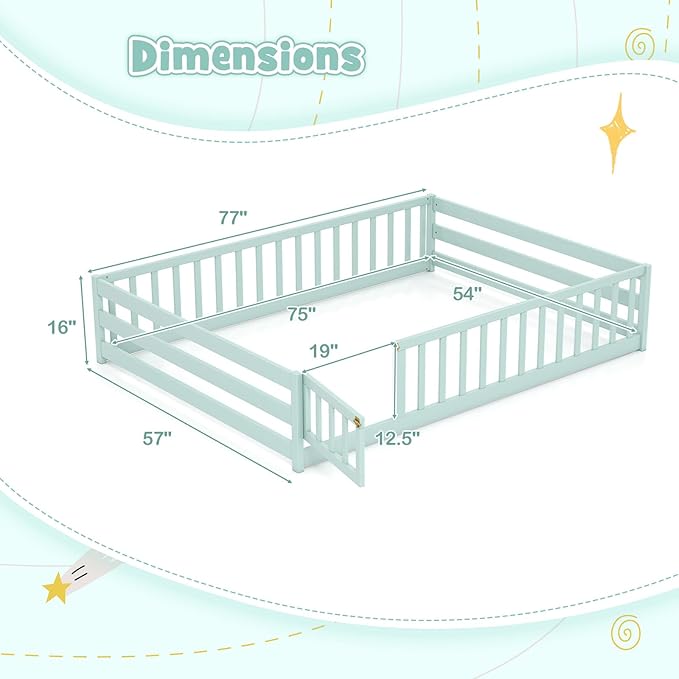 KOMFOTT Full Size Wood Floor Bed with Door & Fence, Montessori Bed Frame with Full Length Safety Guardrails, Door & Latch, Wooden Montessori Floor Bed for Kids, Girls, Boys (Full,Light Green)