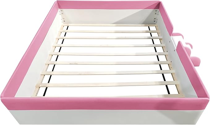 Merax Upholstered Kids' Daybed, Daybed Frame with Fence and Stairs, No Box Spring Needed, Queen Size, Pink+White