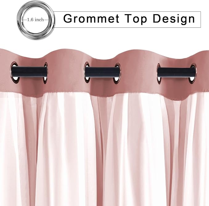 Hiasan Blackout Curtains with Sheer Overlay,Thermal Insulated Mix & Match Double Layer Room Darkening Curtains for Bedroom,Living Room,Nursery,2 Window Panels Sewn with Tiebacks,Dusty Rose,52W X 84L