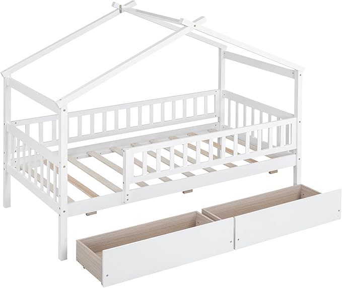 Aoowow Twin Size House Bed with Storage Drawers,Kids Wooden Bed Frame Twin House Bed with Slats and Fence for Boys Girls Teens for Bedroom(White)
