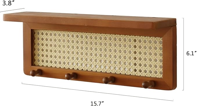FRIADE PE Rattan Key Holder with 4 Key Hooks,Wall Mounted Decorative Floating Shelf for Entryway,Nursery,Mudroom, Hallway, Office (Retro Brown)