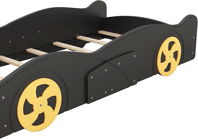 Twin Size Race Car Bed for Kids, Car-Shaped Bed Frame with Wheels and Storage Footboard for Boys, Wood Slats Support,No Box Spring Needed, Black+Yellow