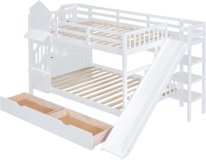 MERITLINE Full Over Full Castle Bunk Bed with Slide,Stairs and Drawers,Solid Wood Floor House Princess Bunk Bed with Storage Shelves (White,Full Over Full)