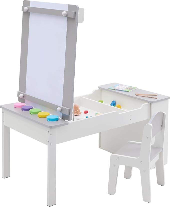 Kids Art Table and Art Easel Table & 2 Chair Set, 2 in 1 Toddler Craft and Play Wood Activity Table with Storage Bins and Paper Roll (Grey & White)