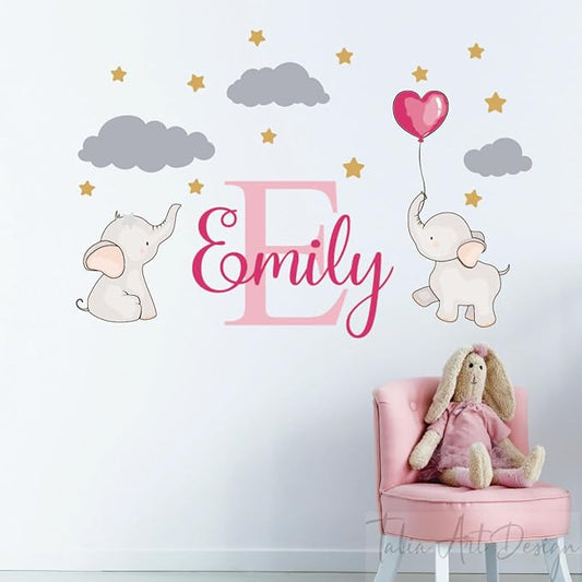 Personalized Elephant Wall Stickers - Custom Name & Initial with Clouds & Stars Nursery Decal for Baby Girl or Boy Room Decor.