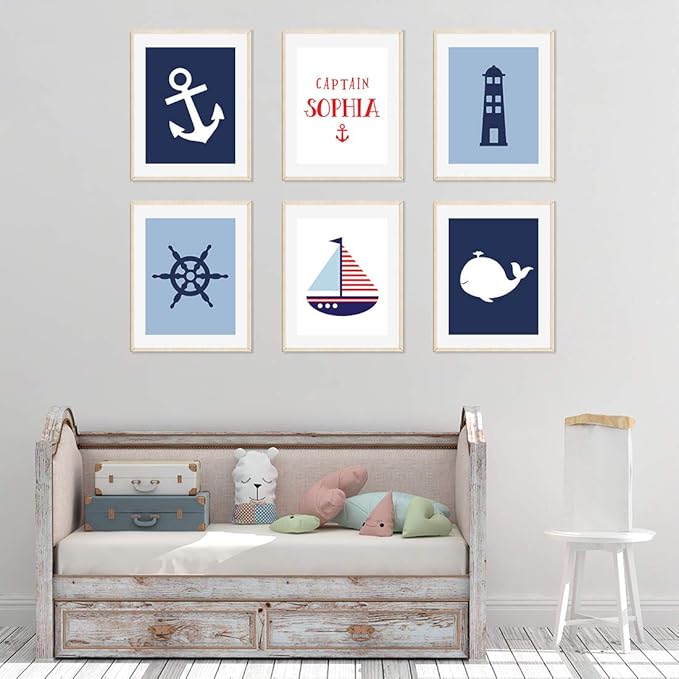 Andaz Press Personalized Ocean Nautical Sailor Theme Nursery Kids Bedroom Hanging Wall Art Decor, 8.5x11-inch, Navy Blue Theme, Boat, Anchor, Lighthouse, 6-Pack, Custom Unframed Room Poster