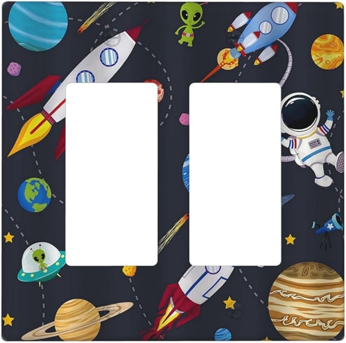Rocket Planets Astronaut Blue Decorative Double Rocker Light Switch Cover 2 Gang Outlet Wall Plate Decorative GFCI Switchplate Electrical Faceplate for Nursery Kidsroom Bedroom Decor