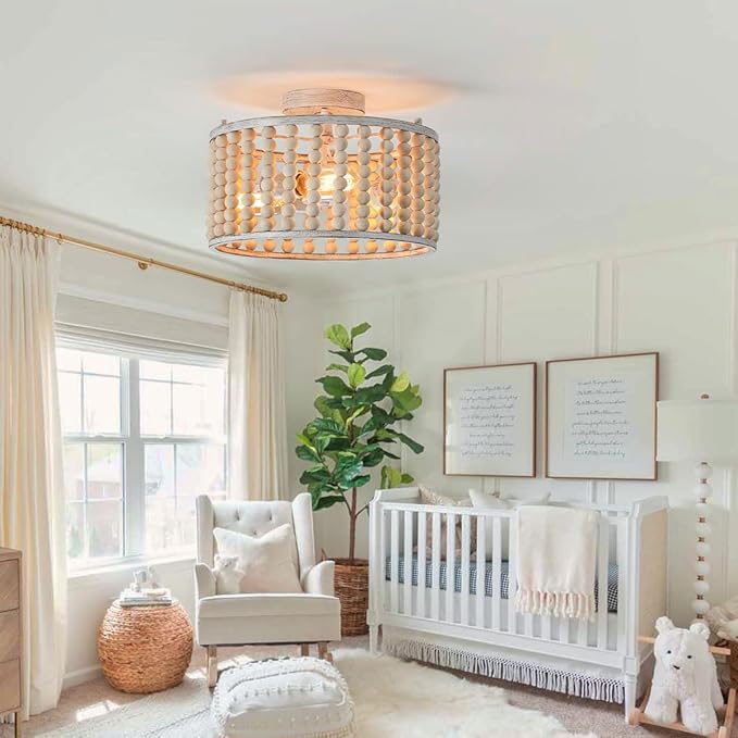 tewei Wood Beaded Boho Chandelier Light Fixture, Semi Flush Mount Ceiling Light 3-Light Rustic Nursery Close to Ceiling Lights for Bedroom Kitchen, Living Room, Oak White, E26 Base