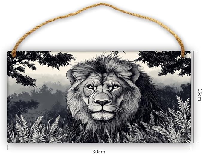 Monochrome Lion in forests wood door sign wall decor home decor signs 12x6 Inch,Rustic Wood Wall Art for Bedroom,Entryway,Kitchen,Nursery,Perfect Farmhouse Wall Decor for Animal & Art Lover
