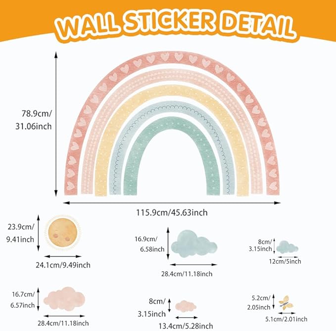 Large Rainbow Wall Decals for Kids 47.24 x 35.4 Inches- Large Peel and Stick Boho Rainbow Classroom Decor, for Toddler Girl Room Merry Christmas Wall Decal