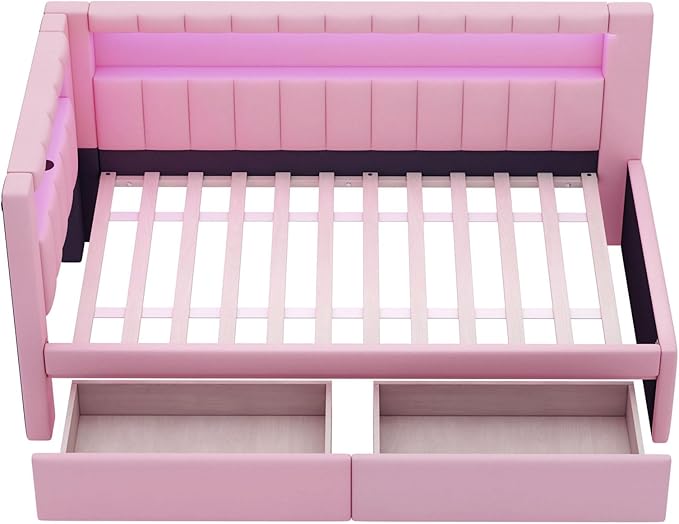Twin Size Soft Daybed with Storage Drawers, Shelves and LED Belt, Linen Upholstered Corner Bed with L-Shaped Bookshelf Headboard and USB Charger for Kids Boys Girls, Pink