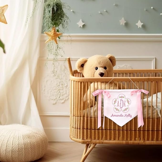 Embroidered Baby Name Sign Personalized Baby Announcement Sign Newborn Baby Banner with Bows Baby Hospital Name Sign Canvas Hanging Pennant Flag Custom Infant Baby Name Baby Shower Banner (06)