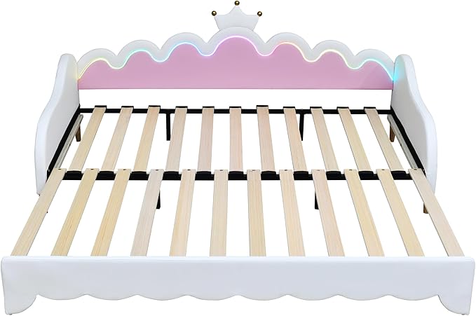 Merax Cute Princess Daybed with Crown Headboard and Light Strips, Twin Size Upholstered Day Bed Frame, Space-Saving Extending Pull Out Sofabed for Kids, Girls' Bedroom, Solid Wood Slats Support, White