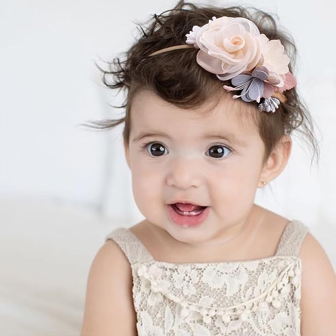 Baby Girl Floral Headbands- 3pcs Nylon Headband Handmade Flower Crown Elastic Hairband Newborn Toddler Hair Accessories Gifts for Girls （1-6 years old）