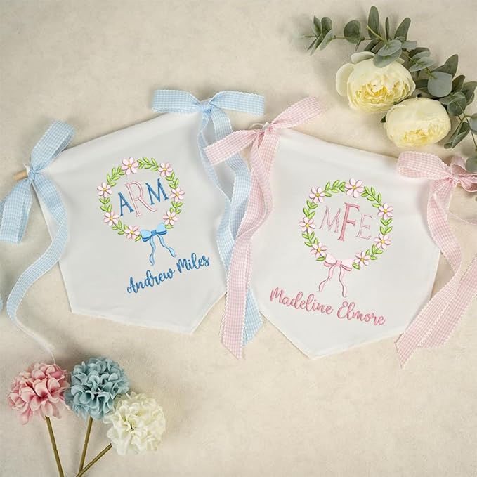 Embroidered Baby Name Sign with Bows Personalized Baby Announcement Sign Newborn Baby Banner Baby Hospital Name Sign Canvas Hanging Pennant Flag Custom Infant Baby Name Baby Shower Banner (11)