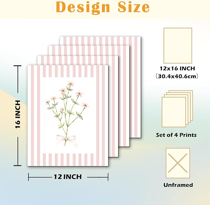 JINYO Coquette Pink Bow Floral Wall Art Prints Set of 4, Floral Room Decor, Preppy Pink and White Striped Flower Posters Pictures Wall Decor for Girls Room Bedroom Dorm Home, 12x16 Unframed