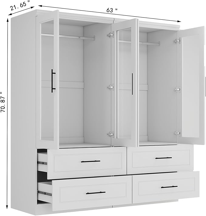Armoire Wardrobe Closet with Glass Door: White 4 Glass Door Wood Wardrobe Closet with 4 Drawer Wooden Bedroom Armoire with Hanging Rods for Home/Bedroom/Living Room
