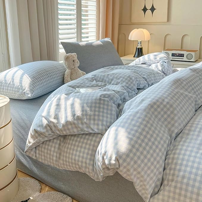 Nayoroom Blue Gingham Comforter Set Twin Size Plaid Checkered Comforter Kids Boys 2 Pcs Soft Lightweight Grid Farmhouse Dorm Bedding Set for All Seasons (1 Comforter, 1 Pillowcase)