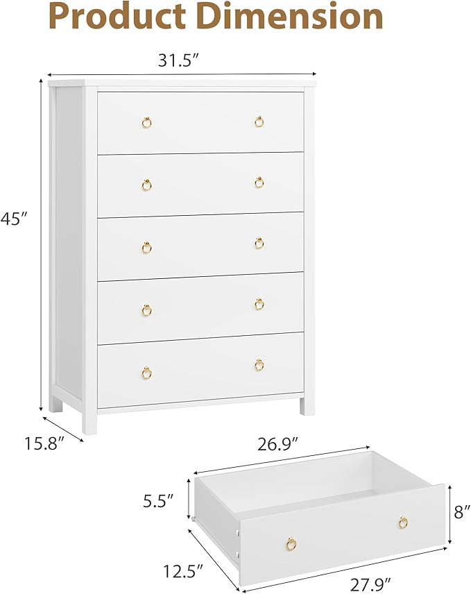 IDEALHOUSE Dresser for Bedroom with 5 Drawers, 45'' Tall Chest of Large Drawers with Large Clothes Storage Cabinet, Wood Bedroom Dresser, TV Stand for Nursery, Living Room, Enterway, White