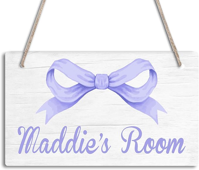 Personalized Lavender Purple Bow Kids Room Door Sign Custom Name Girls Boys Bedroom Decor Toddler Baby Nursery Wood Art Wall Plaque 12x6 Inches