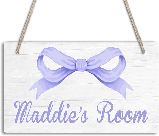 Personalized Lavender Purple Bow Kids Room Door Sign Custom Name Girls Boys Bedroom Decor Toddler Baby Nursery Wood Art Wall Plaque 12x6 Inches