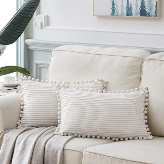 Fancy Homi 2 packs Cream White Boho Decorative Throw Pillow Covers with Pom-poms, Soft Corduroy Solid Square Cushion Cases Set for Living Room Couch Sofa Bedroom Car (14x24 Inch/35x60 cm, Cream White)