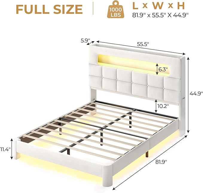 MSmask Full Upholstered LED Bed Frame with 2-Tier Storage Bookcase Headboard, Velvet Princess Bed with Crystal Button Tufted Headboard & Charging Station, Girls Platform Bed, Curved Legs, White