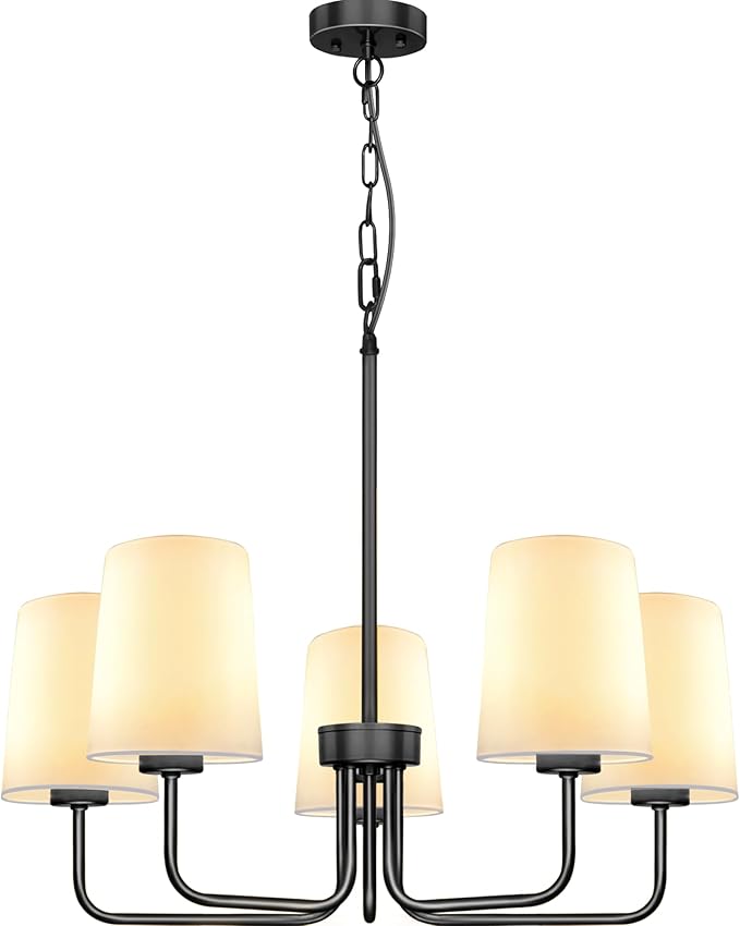 Farmhouse Chandelier, 5-Light Black Chandelier with White Fabric Shade, Height Adjustable Modern Dining Room Light Fixture with E26 Base for Bedroom Foyer Hallway Entryway Kitchen Living Room