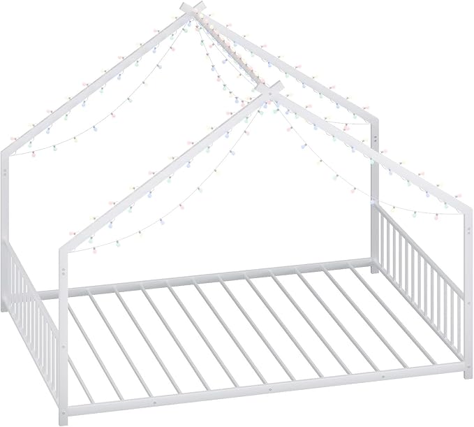 Bellemave Full Size Montessori Floor Beds with Slats for Kids, Metal Full House Bed for Kids, White with Slats and Lights