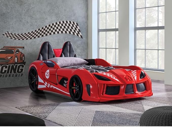 MASARA Race Car Twin Bed with LED Lights, Music Player, Magnetic Doors (Red)
