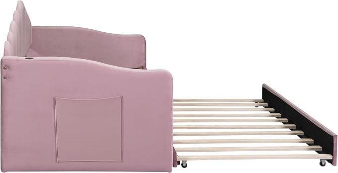 Bellemave Twin Size daybed with Trundle for Adults, Kids, Girls, Teens, daybeds with Trundle for Living Room, Velvet,Pink(Mattress not Included)