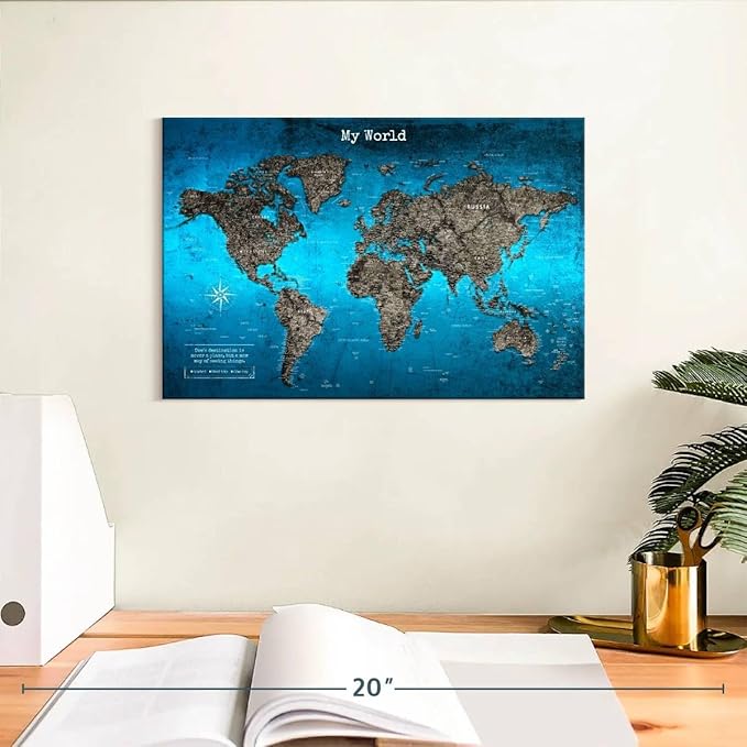 ElephantStock - My World Push Pin Travel Map Iii Wall Art - Horizontal Canvas Wall Art - Living Room Wall Decor - Digital Art Map Canvas Art - Turquoise And Blue Decor - 12" x 8"