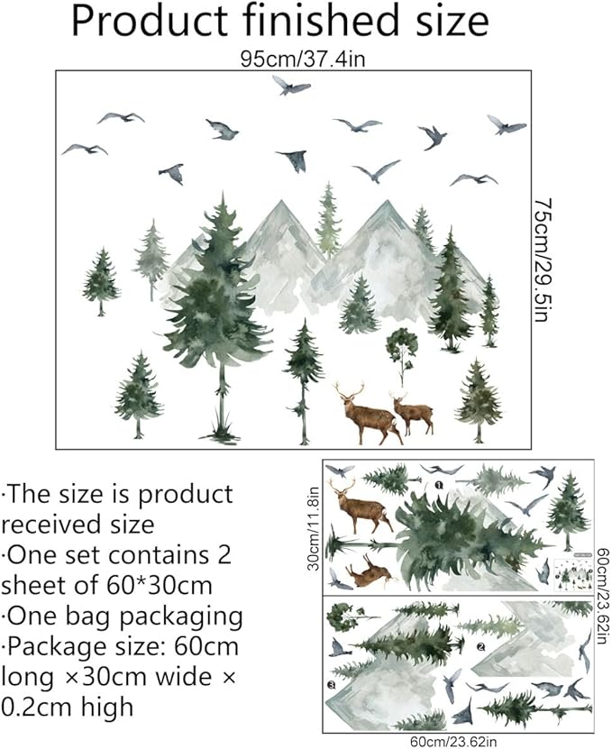 Watercolor Mountain Pine Tree Wall Decals Forest Tree Woodland Deer Birds Wall Stickers for Kids Bedroom Newsery Living Room Wall Decor