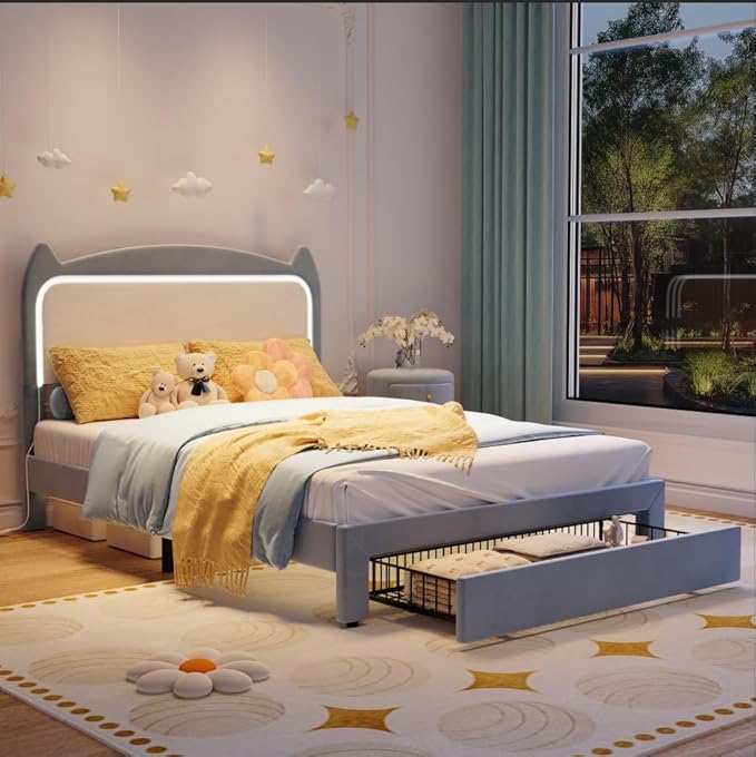 Garvee Full Upholstered LED Bed Frame with Storage Drawer & Cute Cat Headboard, Velvet Princess Platform Bed Frame with Sturdy Wood Slats Support for Girls/Kids, No Box Spring Needed, Blue