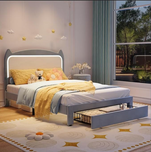 Garvee Full Upholstered LED Bed Frame with Storage Drawer & Cute Cat Headboard, Velvet Princess Platform Bed Frame with Sturdy Wood Slats Support for Girls/Kids, No Box Spring Needed, Blue