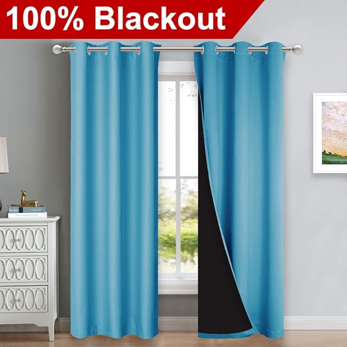 NICETOWN Blackout Curtains 80 inches Long, 2 Pieces, 42" Wide Each Panel, Teal Blue, Full Light Blocking Drapes with Black Liner for Nursery, Thermal Insulated Draperies for Hall, Villa