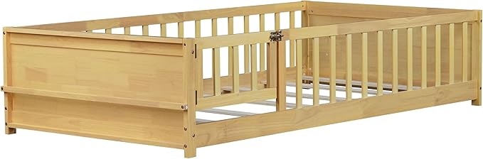 Twin Size Kids Montessori Floor Bed with Door,Twin Floor Bed Frame with Slats and Bookcase,Solid Wood Montessori Bed for Girls Boys,Natural