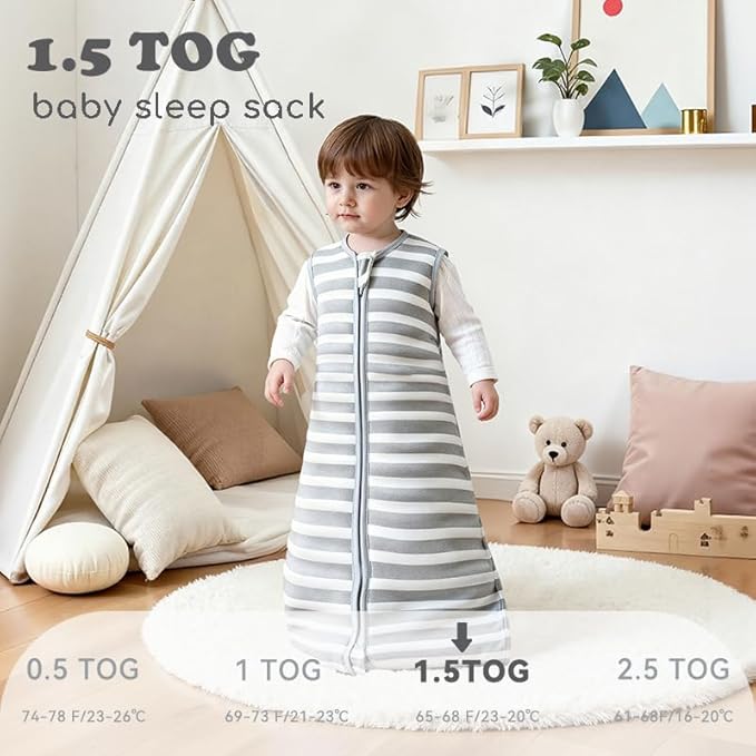 Baby Sleep Sack 12-18 Months 1.5 TOG, 2 Pack Bamboo Baby Wearable Blanket with 2-Way Zipper, Infant Toddler Sleeping Sack for Newborn Boys and Girls, Animals & Stripe