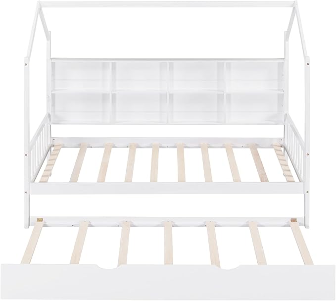 Harper & Bright Designs Twin House Bed with Trundle, Wood Kid Beds with Storage Shelves, Twin Platform Bed for Kids, Teens, Solid Wood Structure & House-Shaped, White