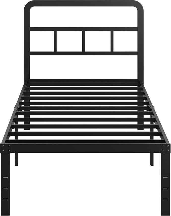 16 Inch Twin XL Bed Frame with Headboard No Box Spring Needed Metal Platform Heavy Duty Steel Slat Mattress Foundation/Easy Assembly/No Noise/Black