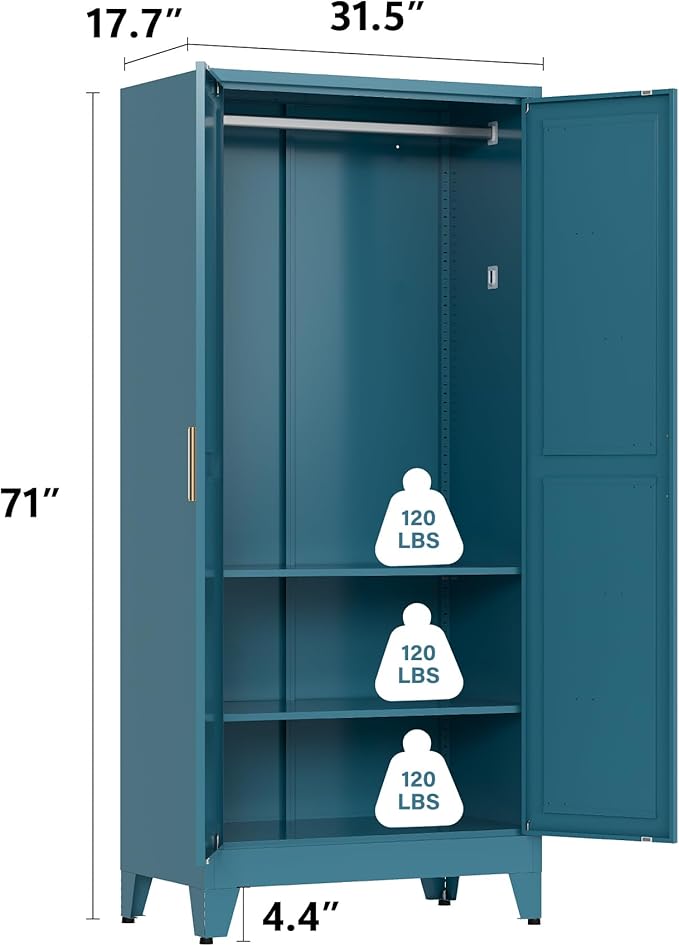 Metal armoire Wardrobe Closet with Hanging Rod,71'' Metal Wardrobe Cabinet with 2 Doors and 2 Adjustable Shelves, Bedroom armoires,Laundry Room cabinets,armario de ropa Closet