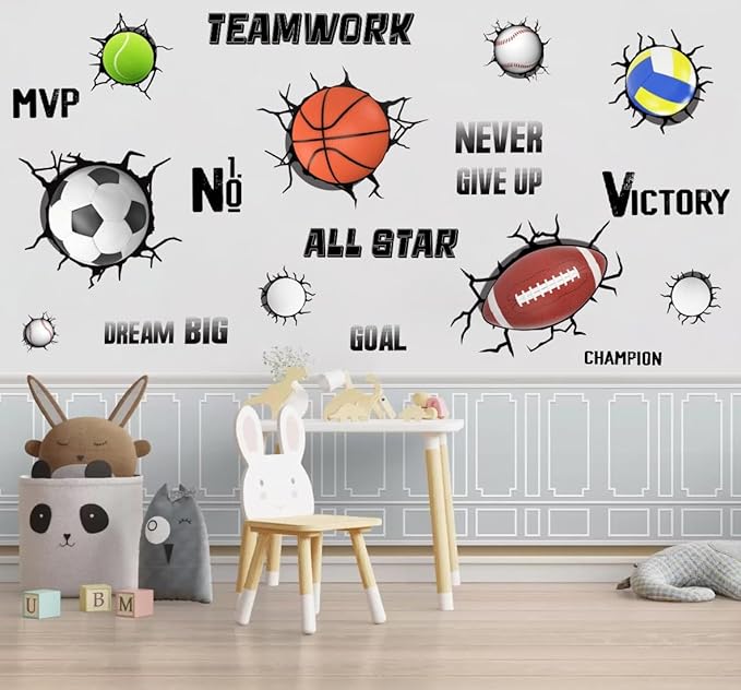 3D Sport Balls Wall Decals, Football, Volleyball, Rugby, Basketball, Tennis Vinyl Wall Stickers, Removable Sports Break Through The Wall Artwork for Boys Bedroom Playroom Decor