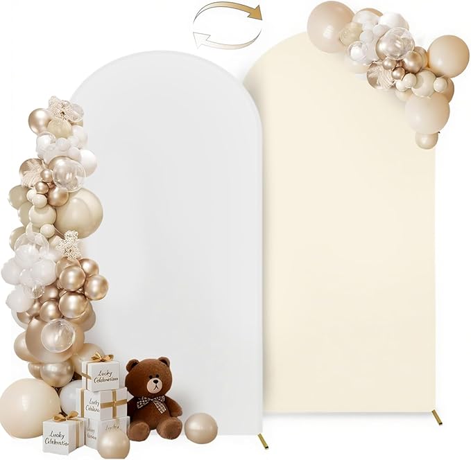 Hemmotop 7.2 ft Arch Backdrop Cover (One Piece Double Color), White and Beige Spandex Arch Stand Covers, Fabric Stretchy Background for Balloon Arches, Wedding, Birthday Party, Baby Shower