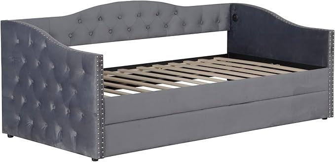 Bellemave Twin Upholstered daybed with Trundle and USB Charging, Velvet Tufted Sofa Bed Twin Size, daybed with Trundle for Adults, Kids, Girls, Teens, for Living Room, Grey