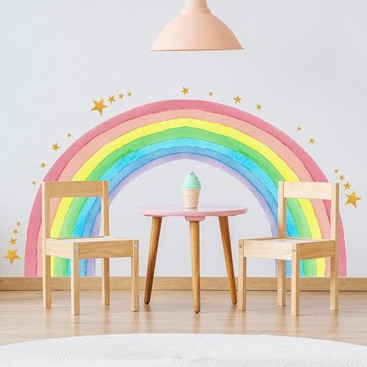 Large Watercolor Rainbow Wall Decals, Colorful Nursery Wall Decor, Peel and Stick Wall Decor for Kids, Toddler Bedroom, Living Room, Playroom