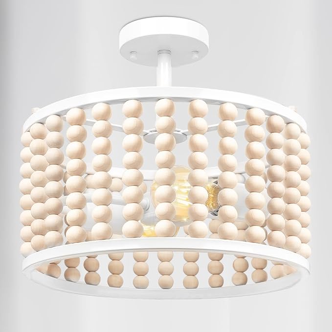 White Wood Beaded Boho Chandelier - Modern Nursery Ceiling Light Fixture, Beaded Semi Flush Mount Light, Farmhouse Lights for Bedroom Hallway Foyer Living Kids Room