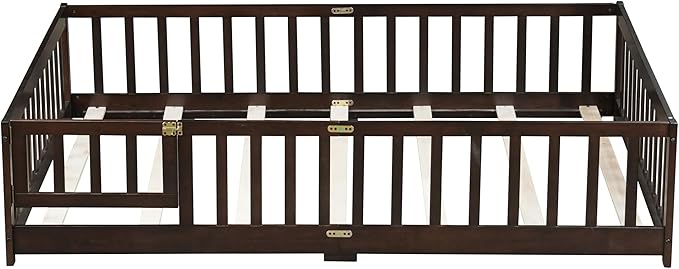 Full Size Floor Bed for Kids, Wood Montessori Floor Beds with Fence Railings, Door & Slats Support, Full Playhouse Bed Frame for Boys Girls, No Box Spring Needed, Espresso