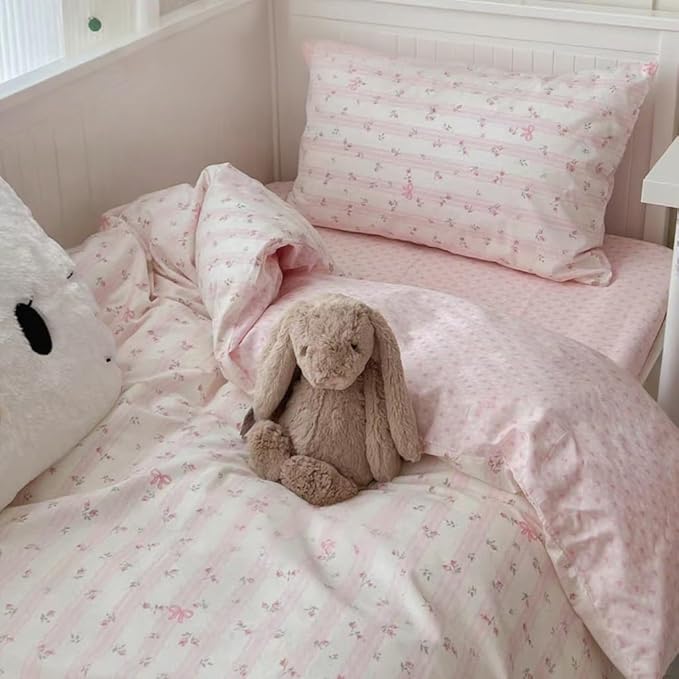 Striped Duvet Cover Queen Size Pink Floral On White Bedding Set with Bow Pattern 3 Pieces Kids Boys Girls Cute Bowknot Reversible Princess Style Soft Duvet Cover Set with Zipper Closure