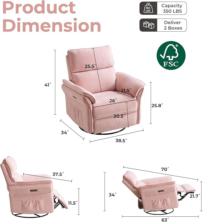 Oversized Power Recliner Chair Swivel Glider with Massage and Heat, Rocker Nursery Recliner for Adults with Adjustable Headrest, 26" Extra Wide Nursery Chair with Overstuffed Armrest,Pink