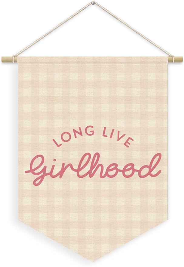 Girl Nursery Decor, Long Live Girlhood Linen Canvas Banner, Pink Checkered Preppy Girly Wall Hanging Pennant Flag Banner for Girls Nursery Kids Toddler Room Bedroom Dorm Decor, 15x11in